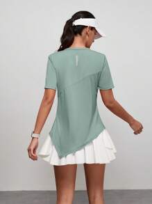 SHEIN Sports Damen T-Shirt mit einfarbigem rundem Kragen, kurzen Ärmeln und asymmetrischem Saum für den Outdoor-Bereich