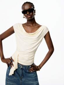 LYSMO 2025 Women's Backless Tie Back Ruched Drape Neck Cropped Top,Solid Color Waist-Fitted,Youthful Casual Summer Elegant Party Night Beige Light Yellow - Beige - View 3