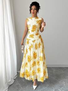 Modelyn 女士优雅通勤无袖连衣裙 - 黃色 - 查看 4