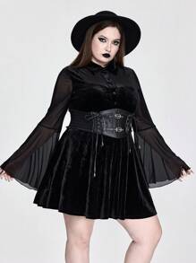 ROMWE Plus Size Gothic Vintage Velvet & Mesh Patchwork A-Line Bell Sleeve Dress - Black - View 7