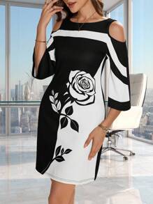 SHEIN Clasi 女式優雅露肩船領連衣裙，黑白對比色和玫瑰花紋印花圖案