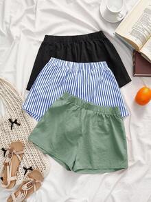 SHEIN VCAY 3 件套女士夏季时尚多色亚麻短裤，女士夏季，夏装，女士节日