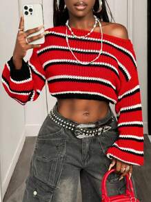 BamGleam Suéter de punto para mujer, casual de uso diario, con rayas de contraste y bajo asimétrico, suéter de punto para otoño e invierno - Rojo y blanco - Ver 7
