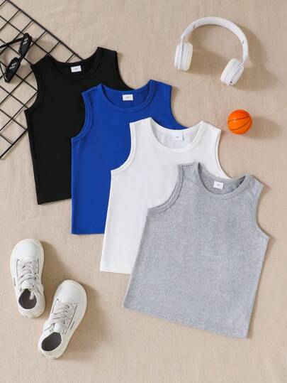 4pcs/Set Young Boy Basic Loose Fit Crew Neck Sleeveless Top, 1 Grey, 1 White, 1 Navy Blue, 1 Black, Summer