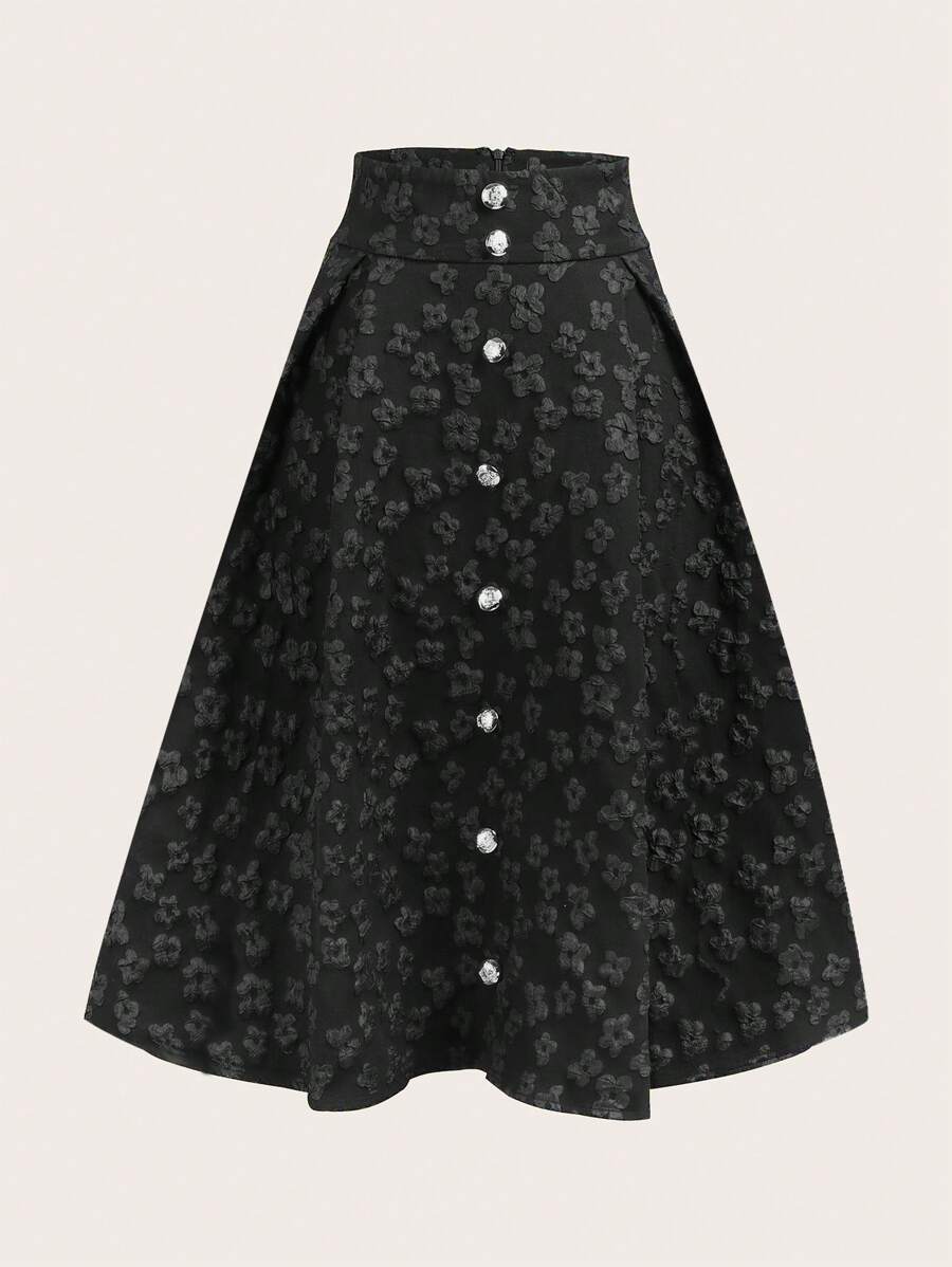 SHEIN Clasi 花卉圖案提花前紐扣喇叭半身裙 - 黑色 - 查看 1