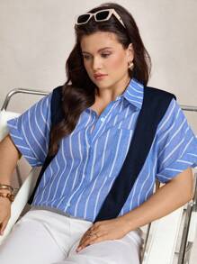 SHEIN LUNE 大码休闲条纹短袖衬衫，适合夏季秋季学校乡村音乐会复古斯德哥尔摩风格教师办公室 90 年代 2000 风格秋季返校旧款工作/办公室商务休闲女士