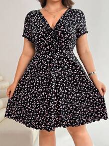 Solflare Đầm thường ngày buộc dây cổ chữ V họa tiết hoa cỡ lớn cho nữ - màu đen - Xem 5