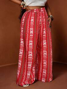 Slaydiva 春夏新品 & 音乐节宽松大码女式超长裤，复古印花 - A - 紅色 - 查看 5