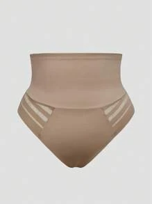 SHAPORA Plus Size Women's Minimalist Solid Color High Neck Patchwork Sheer Striped Shapewear Bottom - Khaki - View 1