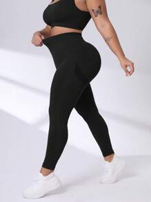 Gameset SHEIN Sport Plusstorlekar med bred midja och sportleggings för yoga för kvinnor - Svart - Visa 3