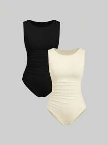 Sweetra 2pcs/Set Women Fitted Comfortable Boat Neck Top Set - Multicolor - View 1