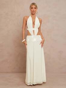 Lumalex 秋季节日派对狂欢节郊游夏季假期优雅复活节波西米亚风海滩热门户外丰富层次婚礼季节宴会成人仪式海滩海滨刺绣装饰露背褶皱连衣裙女士白色派对女士奶油色优雅 - 白色 - 查看 7