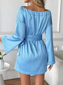 INAWLY 女士休闲优雅约会之夜时尚梭织素色缎面巴多 A 字形系腰迷你连衣裙，带蝴蝶结，长袖，春秋装 - 藍色 - 查看 2