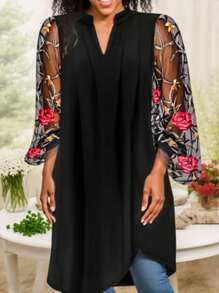 Breezaya Casual Elegant Fashion Mesh Embroidery Patchwork Dress Casual Outfits Spring - Black - View 1