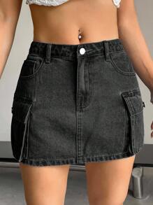 SHEIN PETITE 女款休閒街頭風工裝口袋牛仔裙 - 深灰色 - 查看 6