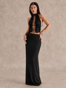 Glamine 2 pièces Ensembles de couleur noire Sexy Découpe Dos Nu Maxi Jupe Sets, Ensemble de Club, Vêtements de Rentrée Scolaire, Vêtements d'Automne, Ensemble de Concert, Streetwear, Ensemble pour Soirée, Ensemble d'Anniversaire pour Femme, Ensemble pour Sortie - Noir - Voir 4
