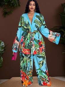 Veslaya 2025 春夏新品音乐节、复活节、西部、波西米亚风、纳什维尔、生日派对、毕业典礼、学生、日常休闲、多功能、休闲、度假、邮轮、海滩、日光浴休闲度假蓝绿色长袖开衫。热带花卉和植物印花宽松上衣/松紧腰裤大码女式两件套 - A - 綠色 - 查看 2