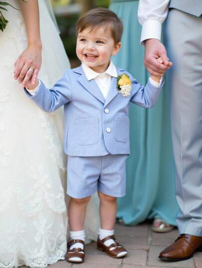 SHEIN 2 件套男婴舒适经典复古学院风撞色西装套装，西装外套和短裤，适合室内、户外、日常、运动、玩耍、派对、拍照、节日、婚礼、迎婴派对、优雅、婚礼嘉宾、花童、戒童，所有季节