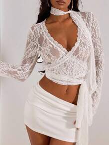Opulessa Women's Floral Lace Long Sleeve Cropped Sexy Fitted Blouse Holiday Outfits Summer Outfits Vacation White Lace Top Lace Long Sleeve Top White Sheer Top Lace Wrap Top White Lace Crop Top