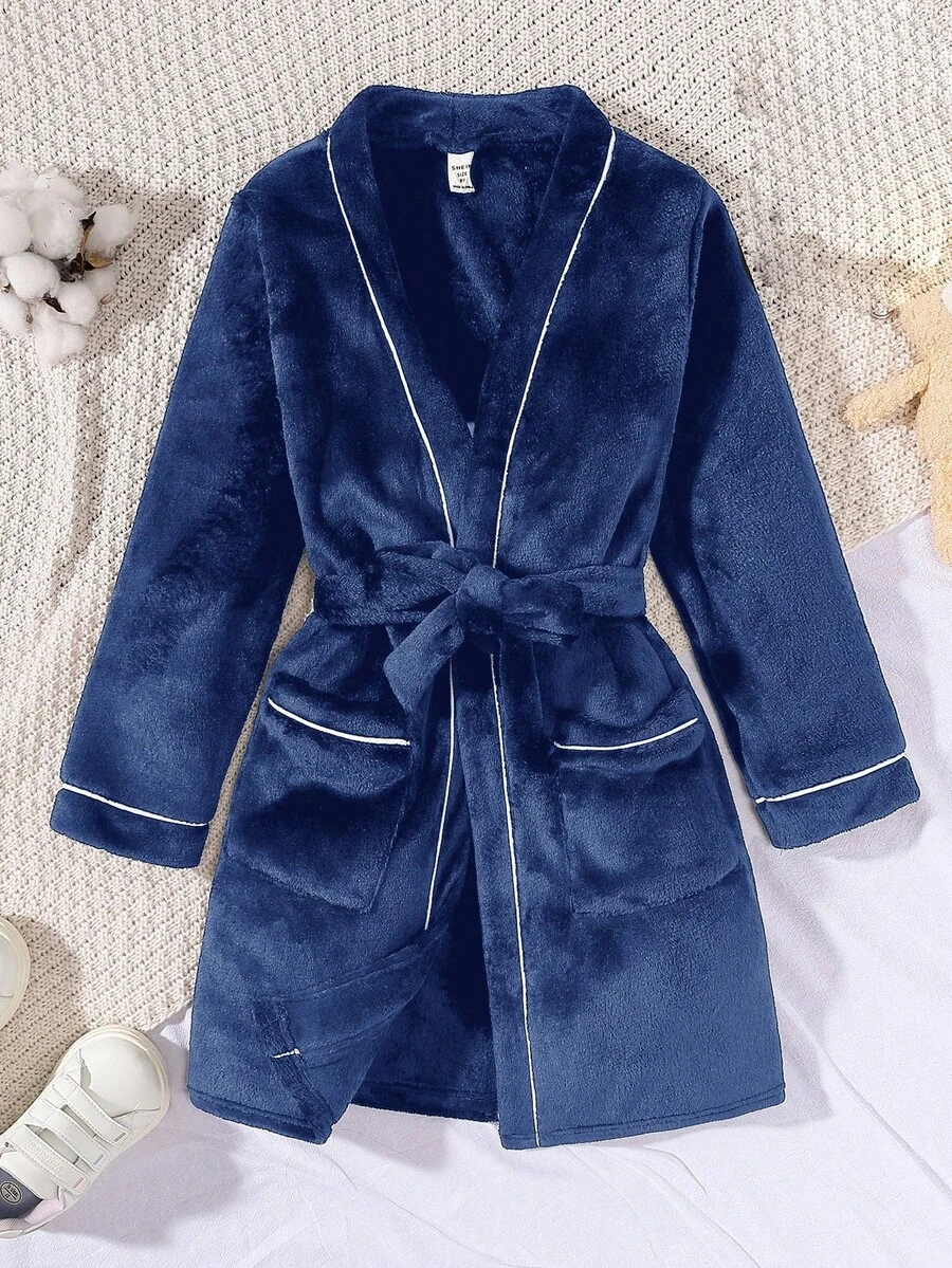 SHEIN ملابس منزلية محبوكة مبطنة بالحرارة ذات لون أحادي للفتيان المراهقين - أزرق بحري - مشاهدة 1
