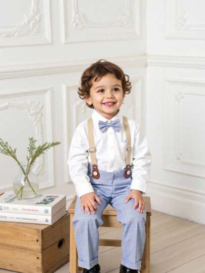 Souflis Souflis Set de 2 piezas de camisa de manga larga con decoración de moño y pantalones con tirantes de cintura elástica en unicolor para niños, adecuado para otoño, juegos al aire libre, escuela, estilo callejero, fiesta y uso casual en casa, temporada de regreso a clases