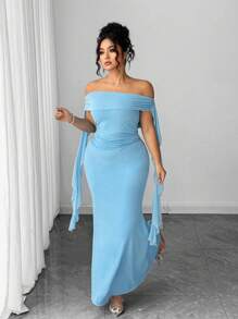 Elenzga Đầm bodycon một vai cỡ lớn với thiết kế xếp nếp, thanh lịch và quyến rũ - Màu xanh nhạt - Xem 7