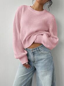 SHEIN BASICS Women's Solid Color Round Neck Loose Casual Sweater In Fall/Winter - Pink - View 5
