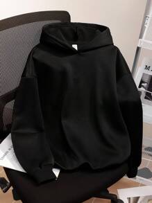 SHEIN Leap Crew 青少年女孩休闲简约个性化星星图案黑色长袖连帽加厚运动衫，适合返校、秋冬季 - 黑色 - 查看 2