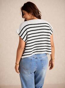 SHEIN Elaquor Cárdigan de punto grueso de ajuste holgado con botones metálicos, patrón de rayas, minimalista y versátil, para talla grande, otoño - Blanco y Negro - Ver 2