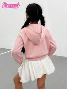 SHEIN 少女外套，纯色时尚蝴蝶结装饰卫衣，舒适加厚保暖连帽面料，袖口蝴蝶结装饰，青春活力少女风，适合返校或休闲户外穿着，秋冬季节。 - 粉色 - 查看 2