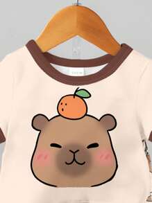 CAPYBARA，儿童精选系列，日常基本款，快乐的孩子，适合孩子的柔和色彩，Bikercore，家庭旅行，快乐的日子，我爱妈妈，我爱爸爸，可爱的家，酷酷的孩子，男婴休闲简约圆领短袖短裤两件套，适合夏季 - 彩色 - 查看 3