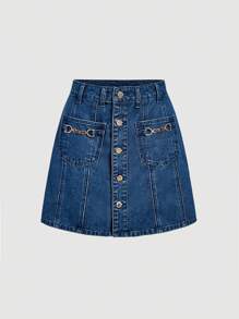 SHEIN Frenchy Women's Summer Casual Front Button Denim Skirt - Blue - View 7