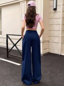 Chiquease Navy Wide Leg Pants, Minimalist Design, Fashion Versatile Fall Cloth For Women - Navy Blue - View 2
