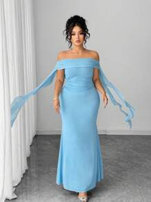 Elenzga Đầm bodycon một vai cỡ lớn với thiết kế xếp nếp, thanh lịch và quyến rũ - Màu xanh nhạt - Xem 5