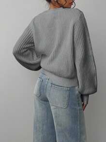 SHEIN BASICS Áo len cổ tròn rộng rãi màu trơn dành cho nữ vào mùa thu/đông - Xám - Xem 2