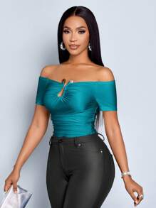 SOLERSUN Women's Solid Color Off-Shoulder Short Sleeve Slim Fit T-Shirt With Pleats - Teal Blue - View 7