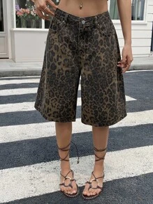 Livesso 女士豹纹宽松牛仔短裤，夏季 - 棕色 - 查看 3