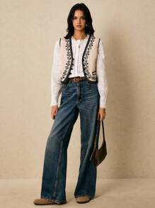 Poéselle 女式花卉印花单排扣休闲背心常规夹克 - 杏色 - 查看 2