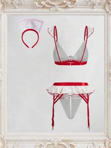 Fantasy Costume 4pcs Women Nurse Costume Set(Top, Pants, Garter Belt, Nurse Hat) - White - View 2