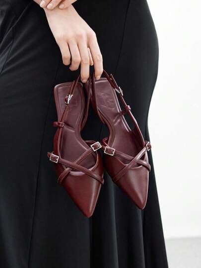 CUCCOO BIZCHIC Women's Pointed Toe Wine Red Strap Buckle Backstrap Flat Shoes, Fashionable & Elegant For Work, Comfortable Mule Shoes For Christmas