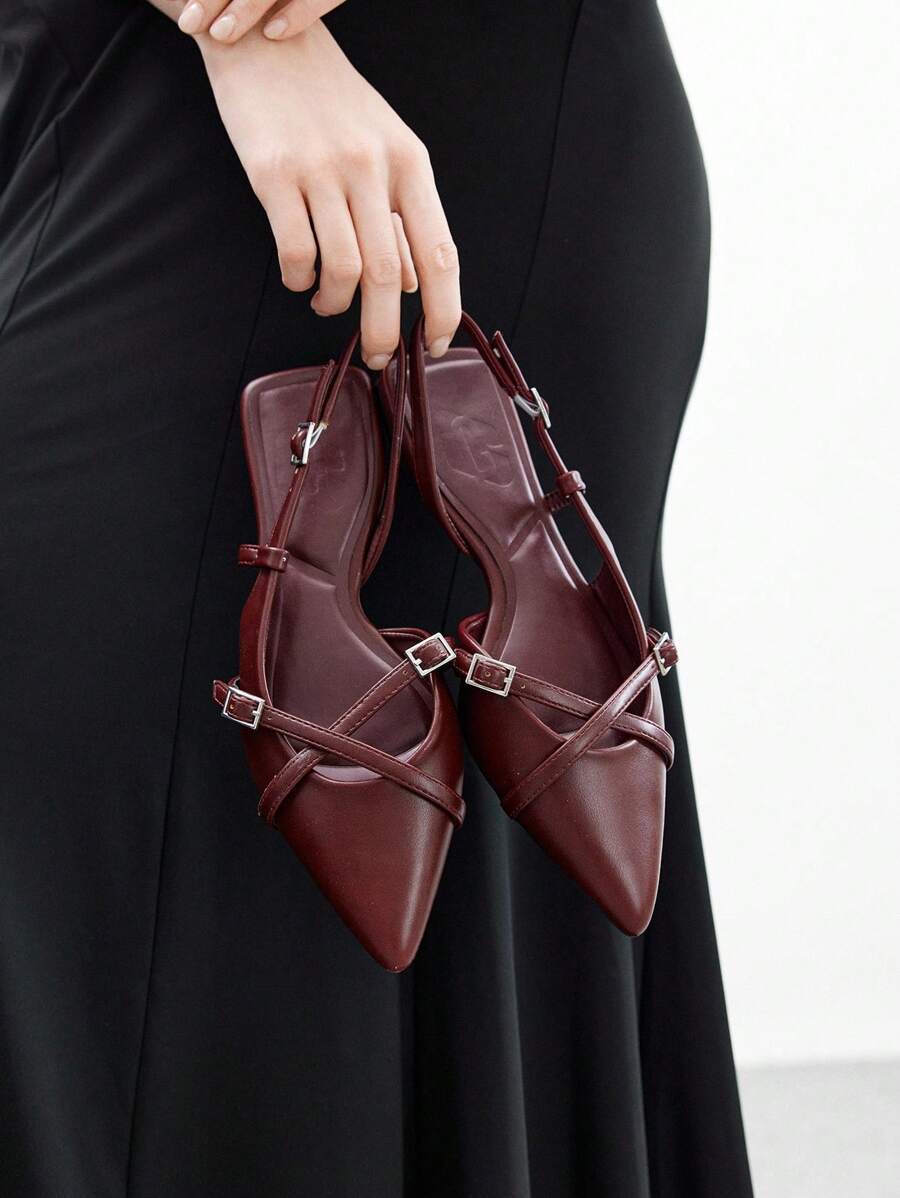 CUCCOO BIZCHIC Women's Pointed Toe Wine Red Strap Buckle Backstrap Flat Shoes, Fashionable & Elegant For Work, Comfortable Mule Shoes For Christmas Spring Shoes - Burgundy - View 1