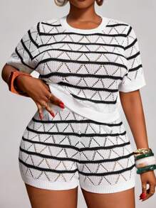 Slaydiva 秋冬新品，女士秋冬服装，万圣节，音乐节，复活节，西部风，生日派对，毕业典礼，学生装，日常穿着，休闲装，度假，邮轮旅行，海滩，日光浴，时尚，女士黑白杏色针织修身短袖上衣和短裤加大码家居服套装 - 黑與白 - 查看 12