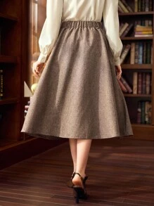 Vintamour 复古经典优雅女式半身裙，春夏修身撞色饰边纽扣开合口袋 A 字裙，咖啡色 - 咖啡棕 - 查看 2