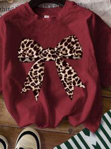 SHEIN Young Girl Casual Print Short Sleeve T-Shirt, Suitable For Summer - Burgundy - View 3