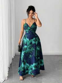 Elenzga Váy xòe họa tiết hoa mới, buộc xoắn phía trước, thiết kế xẻ tà dành cho nữ cỡ lớn, thích hợp cho kỳ nghỉ và hẹn hò - Nhiều màu - Xem 5