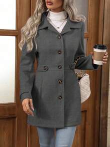 EMERY ROSE Áo khoác len đơn hàng khuy thường ngày dành cho nữ, Thu/Đông - Màu xám đen - Xem 1