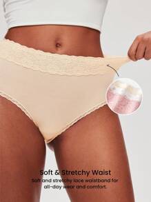 LUVLETTE Set de 3 chiloți simpli din bumbac, cu talie medie, cu dantelă și imprimeu floral din dantelă