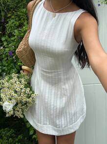 SHEIN EZwear 白色休闲女式纯色圆领露背无袖连衣裙 - 白色 - 查看 4