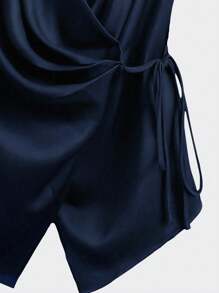 Franclia 女士时尚休闲深 V 领系带裹身衬衫 - 藏蓝色 - 查看 4