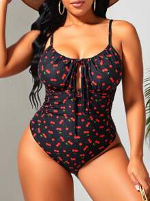 Swim Mod Plus Size Women's Cherry Print Front Tie Camisole One-Piece Swimsuit For Summer Beach Vacation - Black - View 1
